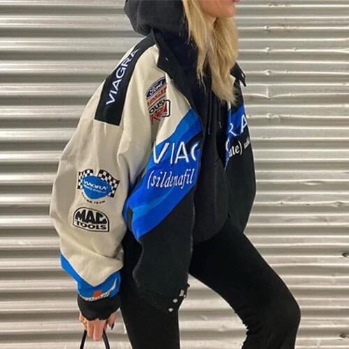 Women Letter Print Button Tide Brand Bomber Jacket Lady Sportwear Colorblock Casual Loose Outwear Baseball Jackets Autumn Trend