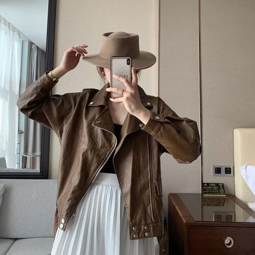 Korean loose Faux PU Leather Jacket Plus belt Women Short Motorcycle Biker jackets Spring Autumn Punk Street Leather Coat Female