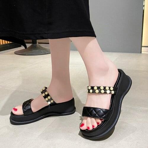 Fashion Bling Crystal Womens Slippers Spring Autumn 5.5cm High Heel Thick Platform Wedges Solid Outdoor Casual Soft Sandals