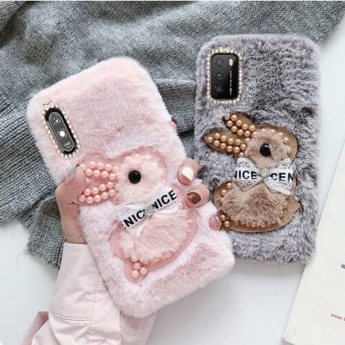 Cartoon Phone Case For Xiaomi Redmi Note 7 8 8T 9S Pro 9AT 10X 4 5 6 Plus S2 K20 30 GO Cute Warm Fur Plush Diamond Cover