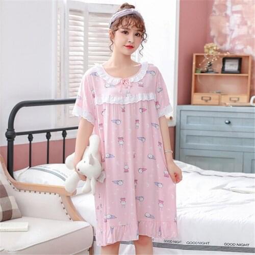 Nightdress summer new sleep dress cartoon lace edge cotton night dress loose large size plus fat home service sexy nightgowns