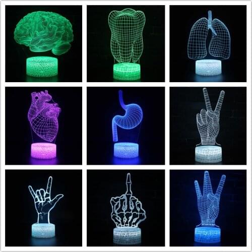 3D Night Light Brain Stomach Tooth Fingers LED Illusion Remote Control Table Lamp for Home Decor Creative Gift Toys