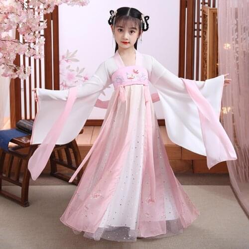 New Children Summer Embroidery Girl Fairy Dresses Party Stage Dress Ancient Chinese Traditional Costume Hanfu Chinese Style
