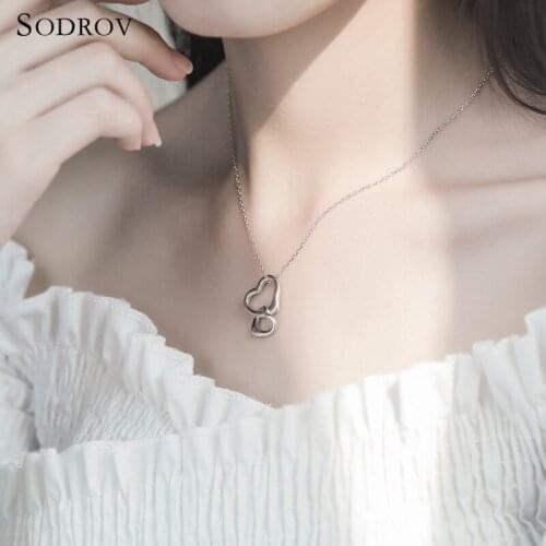 SODROV 2019 NEW Genuine 925 Hot Sterling Silver Necklace Double Heart Pendant For Women joyas de plata 925 NN016