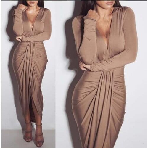 Autumn And Winter 2020 New European And USA Tight-fit V-neck Long-Sleeved Cotton Dress Sexy Fashion Folds Nightclub Sexy Dress