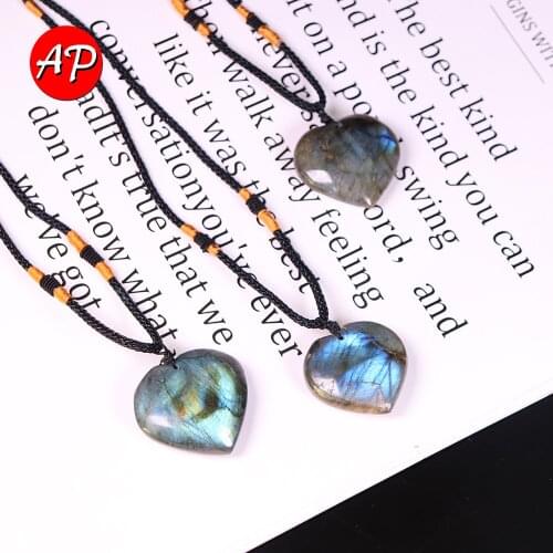 1pc Natural Blue Glow Crystal Pendants Labrodite Heart Shape Necklace Quartz Luminescent Gemstone Energy Jewelry Gifts