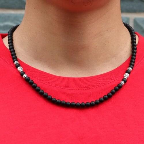 Personalized Skull Necklaces For Men 6mm Natural Onyx Map Tiger eye Necklace Homme Accessories 19 Inch Long Necklace Punk Joyas