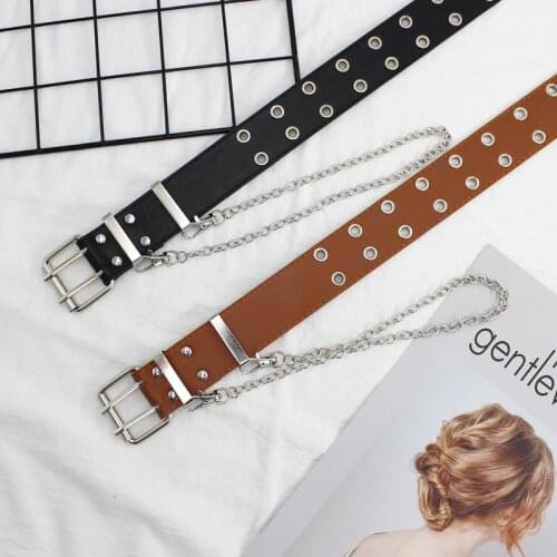 Women Punk Chain Fashion Belt Adjustable Black Double/Single Eyelet Grommet Leather Buckle Belt