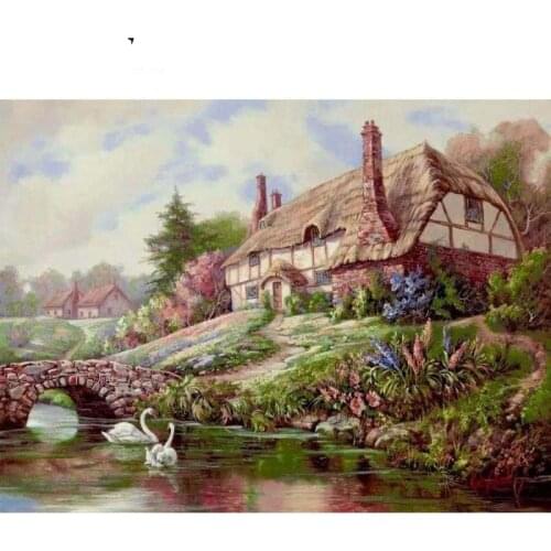 Thatched Cottage River Paint By Numbers Coloring Hand Painted Home Decor Kit Drawing Canvas DIY Oil Painting Pictures By Numbers