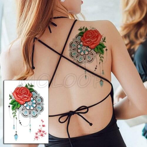 Tattoo Sticker Big Rose Flower Necklace Diamond Element Design Temporary Fake Tatoo for Women Men Body Art