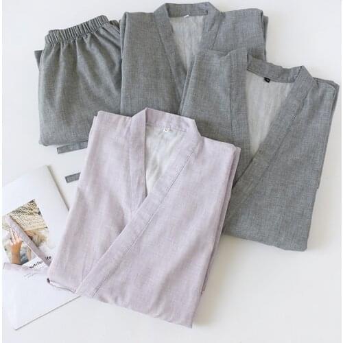 Traditional Japanese Kimono Women Pajamas Set Pure Cotton Spring Summer Breathable Comfy Sleepwear Yukata Top Trousers Suit