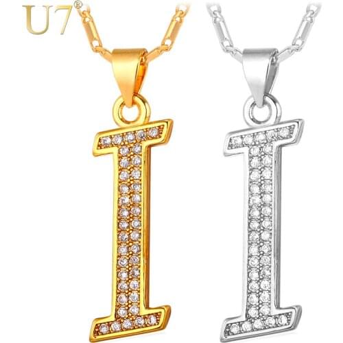 U7 New Fashion Alphabet I Letter Pendant Charm Gold Color Valentines Gift For Women Crystal Necklace P702