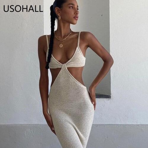 USOHALL 2021 Summer Women Bodycon Dress Spaghetti Strap Backless Hollow Out Beach Party Dresses