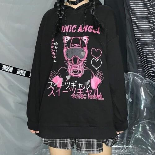 Vintage hoodies oversized anime print E-girl hoodie Drawstring tops Harajuku winter Japanese Kawaii Pullovers Women Sweatshirts