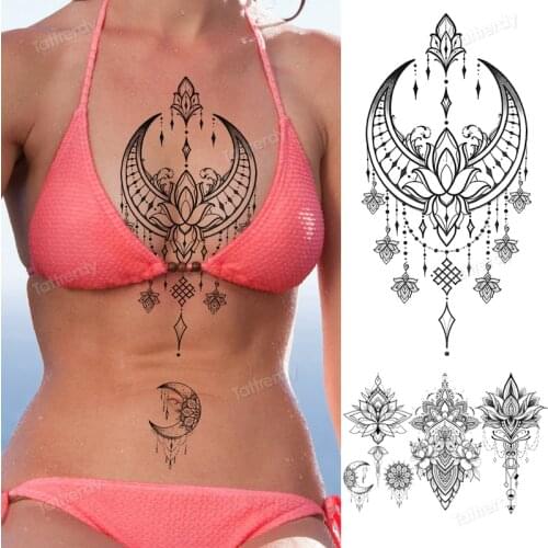 Underboob temporary tattoo for women sexy breast body tattoos moon black henna lace fake tattoo mandala lotus flowers feather