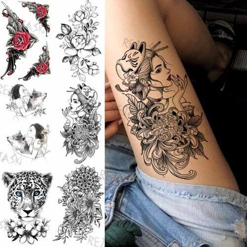 Sexy Dahlia Flower Temporary Tattoos For Women Adult Fake Rose Wolf Leopard Flora Tattoo Sticker Realistic Body Art Tatoos Paste