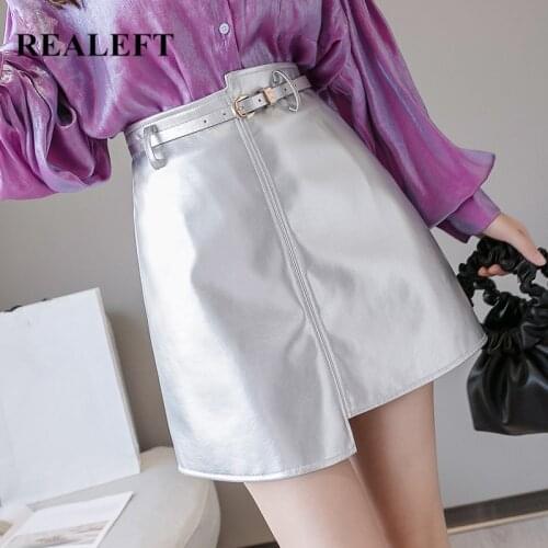 REALEFT Autumn Winter Silver Womens Faux PU Leather A-Line Skirts with Belted 2021 New High Waist Elegant Wrap Skirts Female