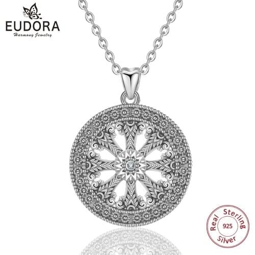 EUDORA 925 Sterling Silver Karma Wheel Pave Round Pendant Necklace For Men Women Oxidized Silver Fine Jewelry CYD378