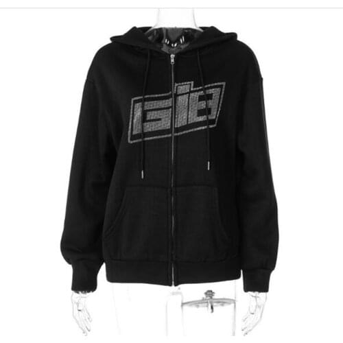 Fashion Korean Version Women/Girl Letter Hot Drilling Long Sleeve Catch Fleece Loose Zipper Hooded Sweatshirts Black/White/Gray