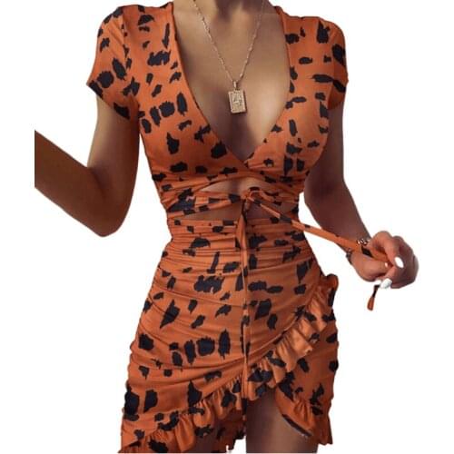 Summer Dress For Women 2021 Fashion Floral Print Short Sleeve Wrap Sexy Mini Dress Holiday Ruffles Sundress Ruched Slim Dress