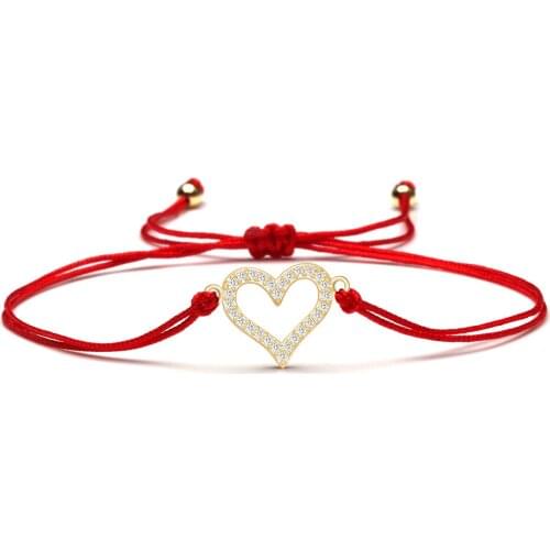 White AAA Sparkling Cubic Zirconia Crystals Peach Love Heart Charm Bracelet Copper CZ Hollowed-out Red String String Lover Gift