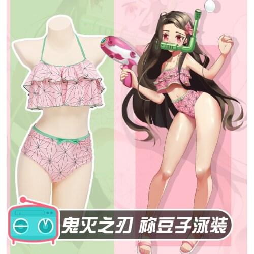 Kamado Bikini Nezuko Anime Demon Slayer Cosplay Costume with Hairpin Sexy Beach Swimsuit Set Swimwear Bathing Suit Woman Girl