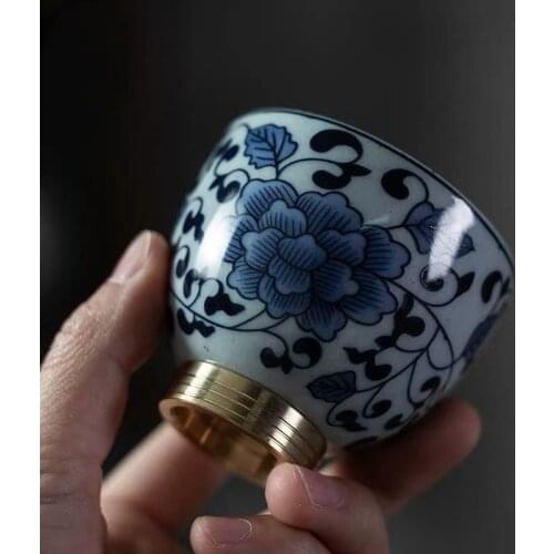 Blue Pattern Copper Sole Teacup Ceramic Teacup Large Retro Master Cup Personal Single Cup Kombucha Cup Ceramic Teacups