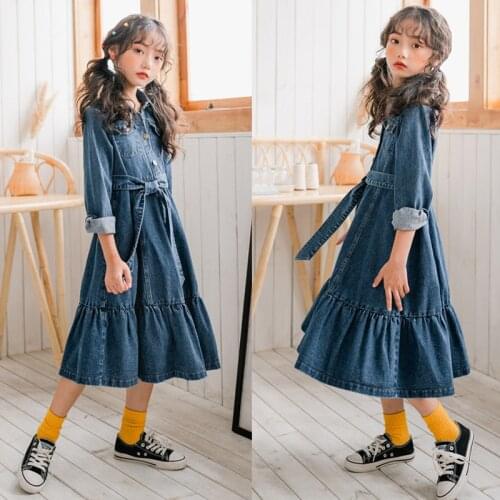 Teen Girl Denim Dress Long Sleeve Buttons Belt Long Dresses Fashion Casual 10 12 14 years Kids Clothing