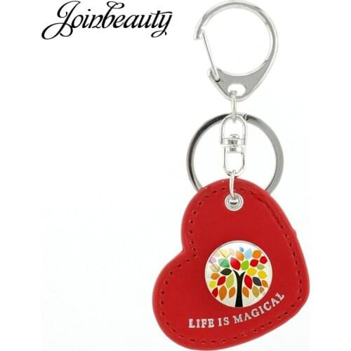 JOINBEAUTY Happy Tree Love Bird Beautiful Flowers Snap Buttons Keyrings PU Leather Handmade Red Love Heart Shape Keychain A344