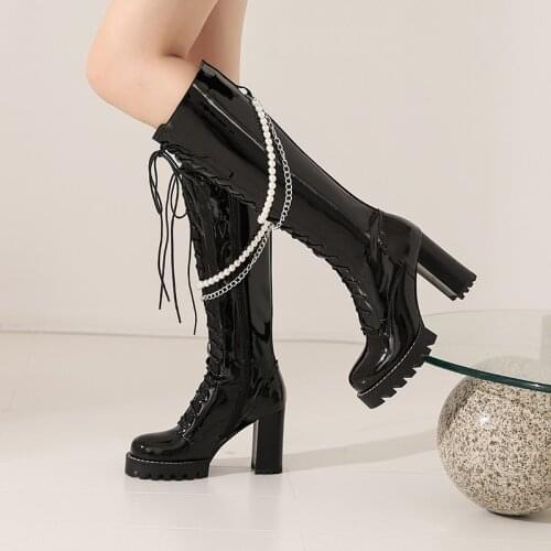 Fashion Women Patent Leather Knee-High Boots String Bead Round Toe High Heels Casual Zip Shoes Woman 2021 Winter Autumn