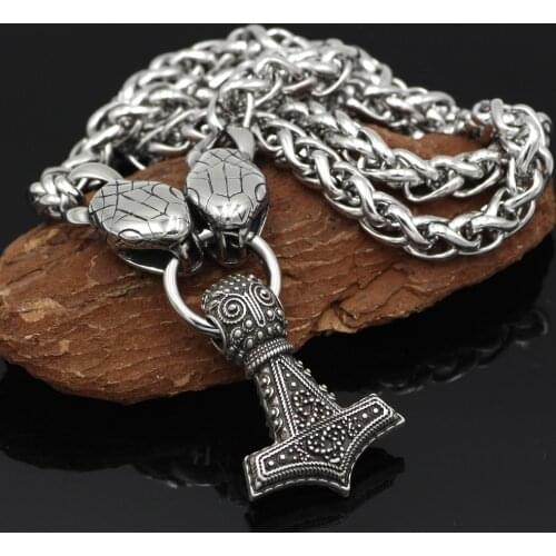 Men stainelss snake head with thor hammer pendant necklace with viking gift bag