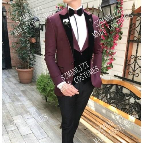 2020 New Arrival Men Suits Burgundy And Black Velvet Lapel Groom Tuxedos Groomsmen Wedding Best Man ( Jacket+Pants+Vest+Tie )