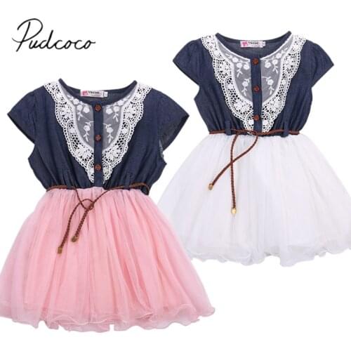 2018 Brand New Princess Sweet Summer Party Dress Toddle Kids Baby Girls Lace Denim Patchwork Knee-Length Tutu Sash Dress 1-6Y