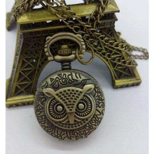 PKO052) 10pcs/lot Steampunk Vintage Bronze Owl Pocket Watch Necklace Chain Dia 2.7cm