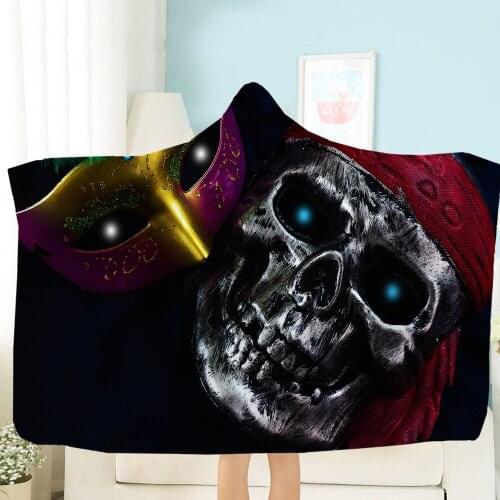 Punk Style Plush Hoodie Outdoor Sofa Bed Blanket Skull Pattern Wearable Sherpa Blanket Household Goods Bedspread