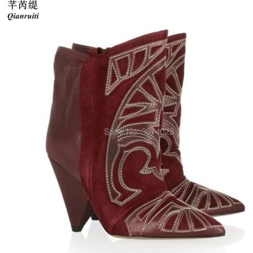 Qianruiti Winter Ankle Boots Women Embroidered Booties Spike Heels Slip On Patchwork Boots Western Shoes Women