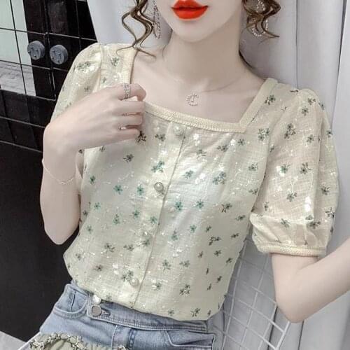 Square collar printed chiffon shirt 2021 summer new style Korean version age-reducing and thin puff sleeve flower shirt female