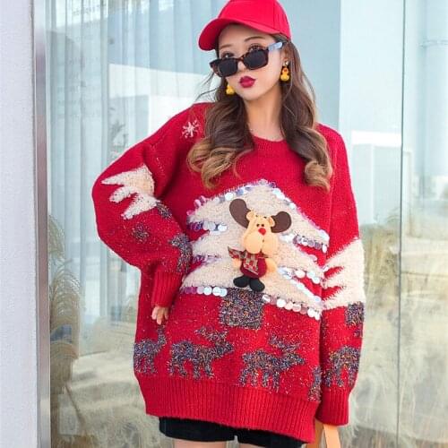 Fashion Red Sweater 2020 Winter Autumn Knitted Christmas Tree Jacquard Weave Casual Loose Jumpers Long Sleeve Female Pullovers