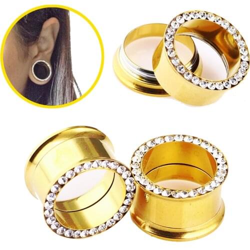 Pair Crystal Gold Color Internal Thread Ear Plugs Gauge Stretcher Piercing Flesh Tunnel Ear Expander 4-25mm Piercing Jewelry