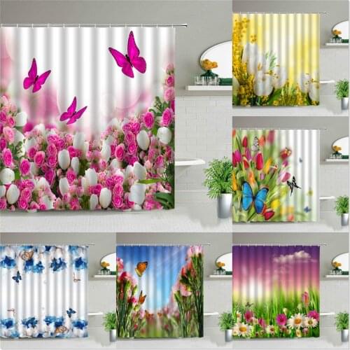 Flower Butterfly Shower Curtains Beautiful Pink Rose Flowers Plant Bath Curtain Set Waterproof Home Bathroom Decor With Hooks