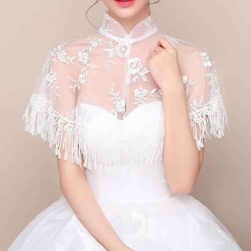 High Neck Jacket Wedding Bolero Floral Lace Tassel Bridal Wraps Cape Women Shrug