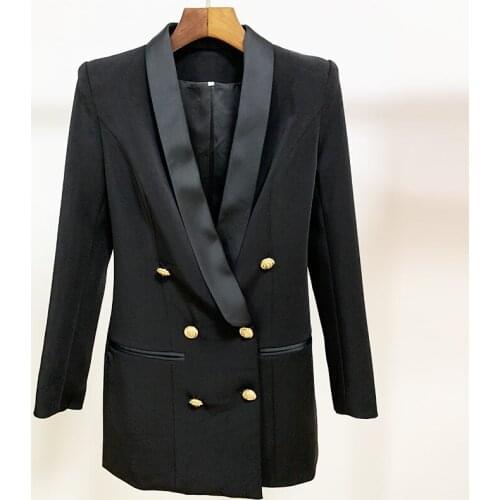 TOP QUALITY 2021 Newest Designer Blazer Jacket Womens Lion Buttons Double Breasted Satin Shawl Collar Long Brazer