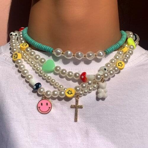 Boho White Pearls Cross Smiley Beaded Necklace For Women Mushroom Heart Bead Choker Imitation Pearl Necklaces Sweet Jewelry Gift