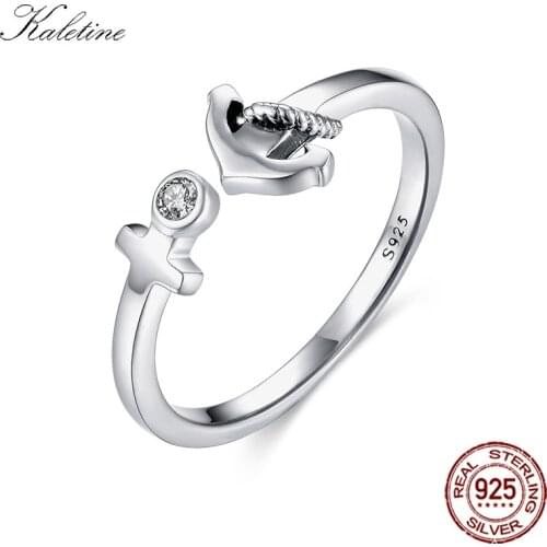 KALETINE Bon Voyage Cross Open Ring 925 Sterling Silver Rings Anchor Rope Clear CZ Resizable Wedding Band Women Jewelry KLTR070