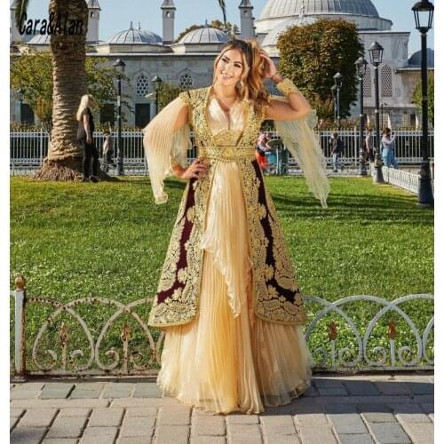 Gold Vestidos De Novia Kosovo Albanian Caftan Evening Dresses 2021 Long Sleeves Applique Robe De Soirée De Mariage Prom Gowns