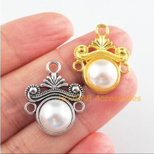 12 New Flower Charms Tibetan Silver Tone & Gold Color Retro Round White Acrylic Connectors 18x23mm