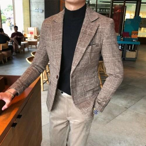 2020 Mens Tweed Peak Lapel One Button Houndstooth Check Blazer Coat BROWN British Style Overcoat Tailored