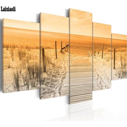 Diamond Embroidery Sea Beach Grass,Diamond Painting 5 Pieces Cross Stitch mosaic puzzle 5d,full square round Seascape,home decor