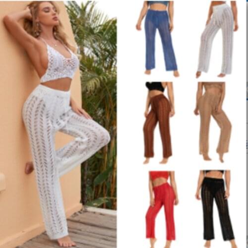 Spring and Summer Ladies pants knitted sexy beach hook flower hollow sunscreen trousers elastic waist Tether straight breathable