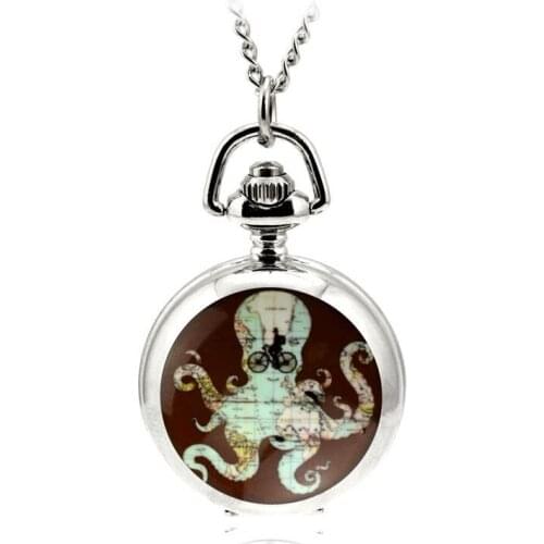 80cm Chain Antique Retro Steampunk Bronze Hollow Quartz Pocket Watch Necklace Pendant Sweater Chain Gifts Octopus Map Pattern